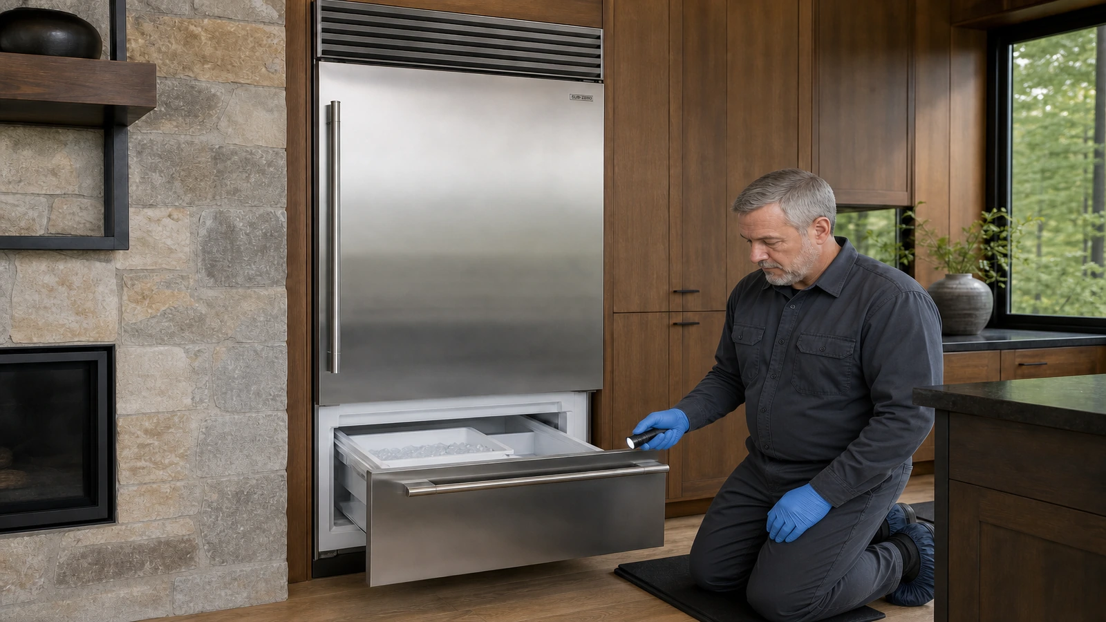 Undercounter ice maker prepared for a professional diagnostic visit